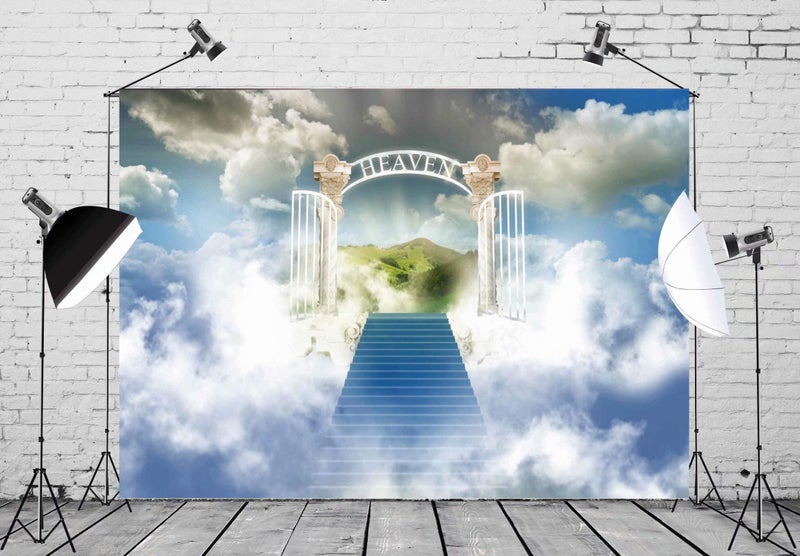 BELECO 7x5ft Fabric Heaven Backdrop Paradise Gate Sky Stairway to Heaven Photography Backdrop for Heaven Sent Baby Shower Baptism Banner Easter Photo Background Church Photo Booth Props - Image 2